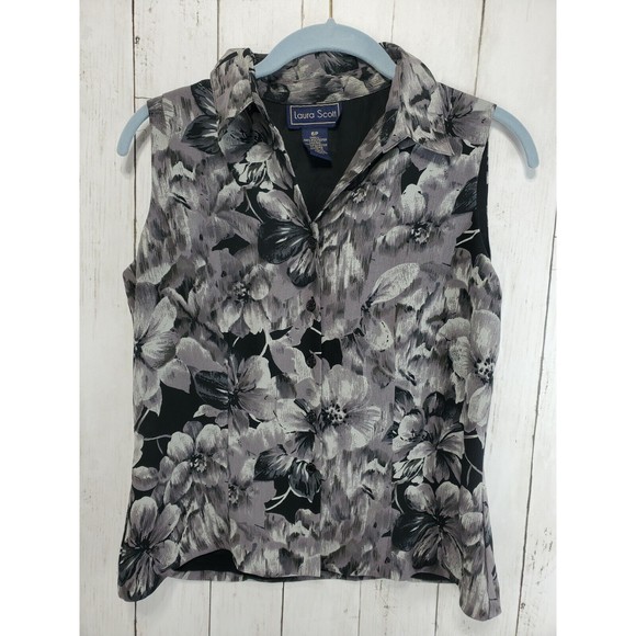 Laura Scott Petites Women’s Sleeveless Dark Floral Blouse Size 6P Button Up - Picture 1 of 6